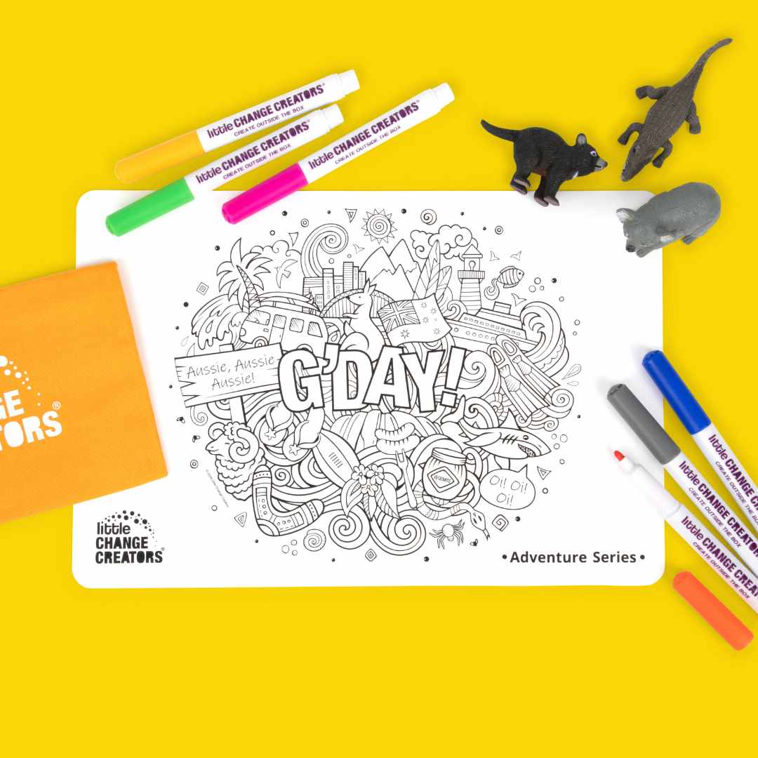 Silicone colouring mat with Australiana design and markers on a yellow background with Australian animals and 'Little Change Creators' branding.