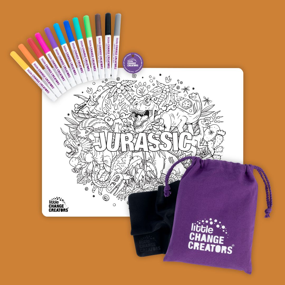 A silicone colouring mat featuring dinosaurs and the word Jurassic.