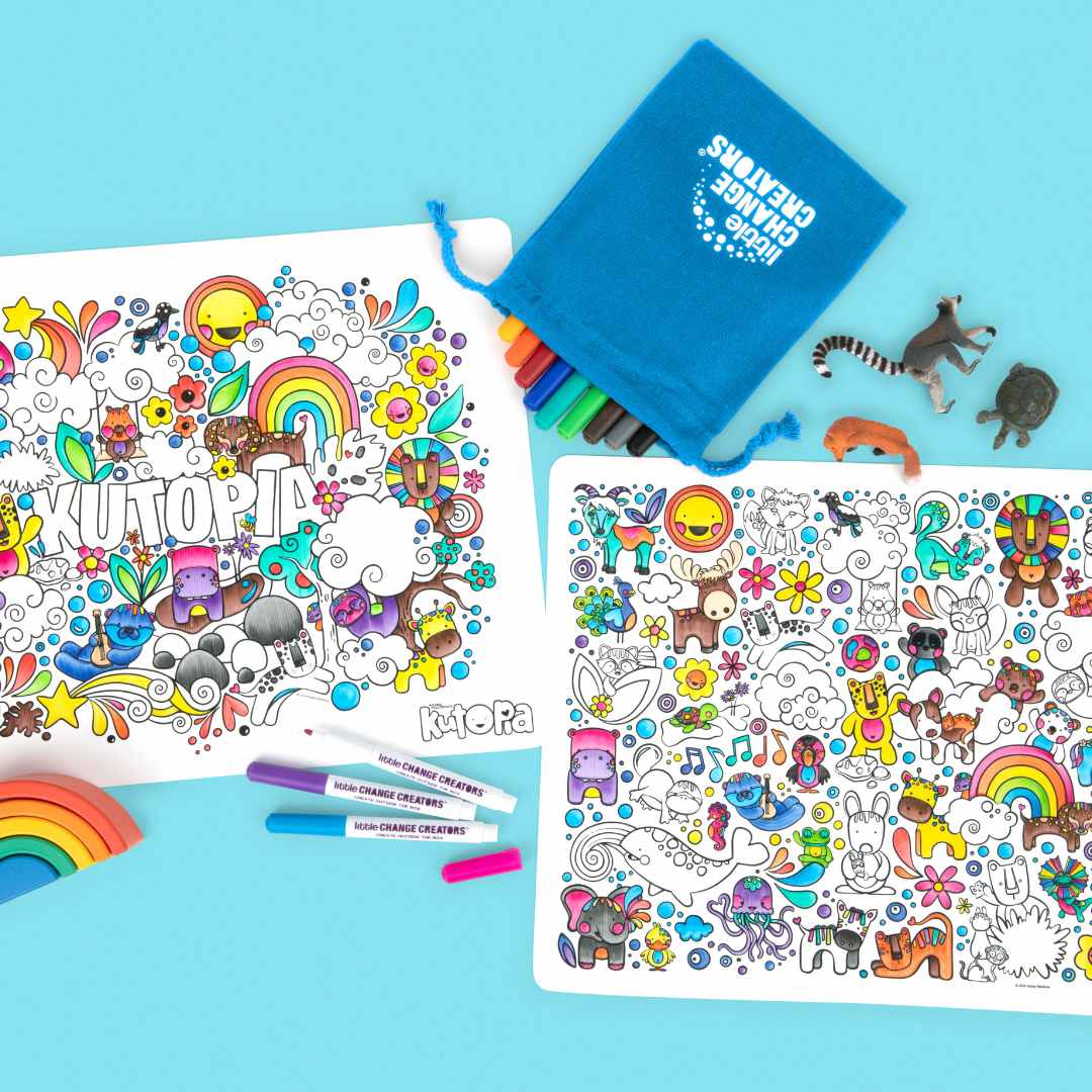Double-sided reusable silicone colouring mat with Kutopia branding on a blue background.