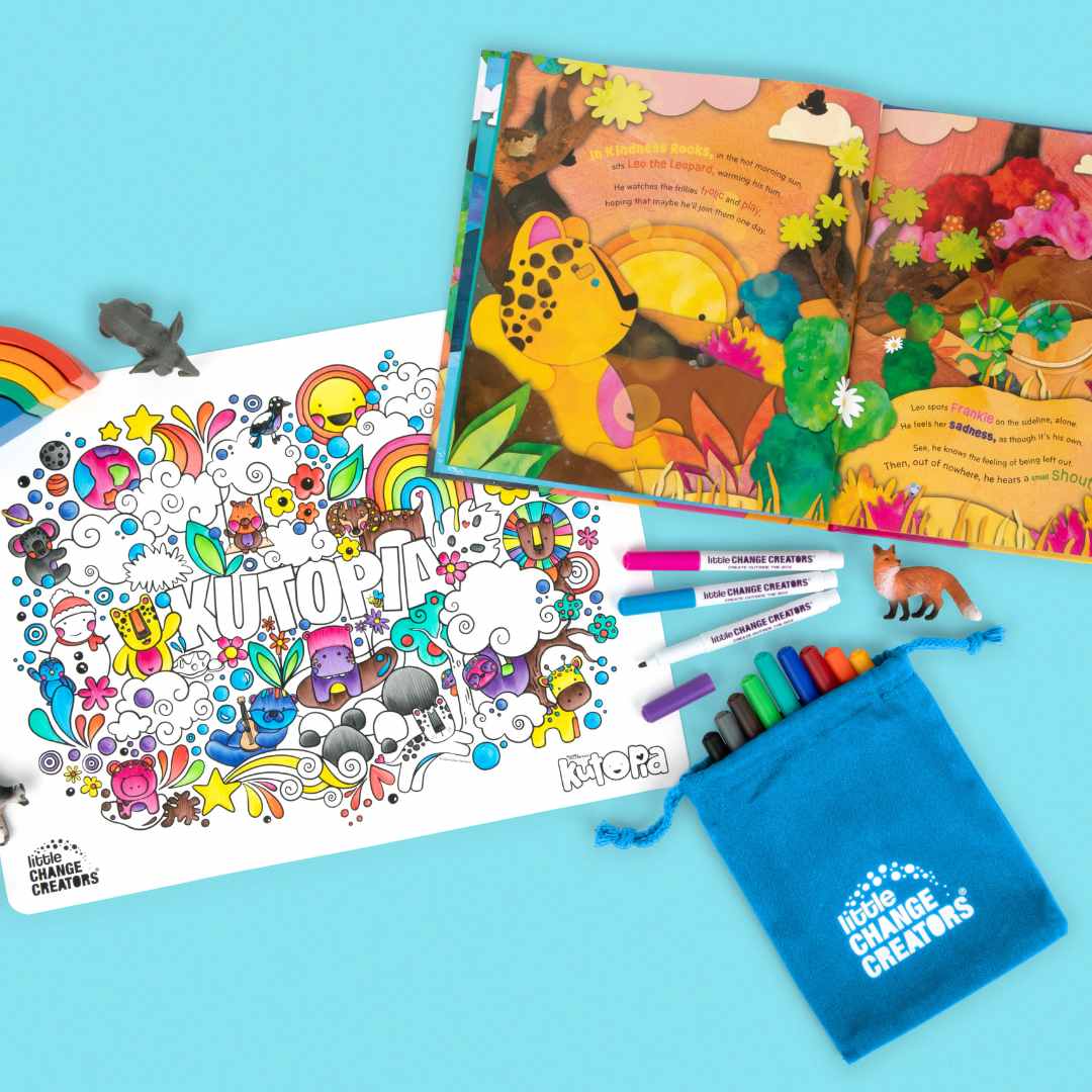 Silicone colouring mat with cute animals, markers, and pouch on a blue background.