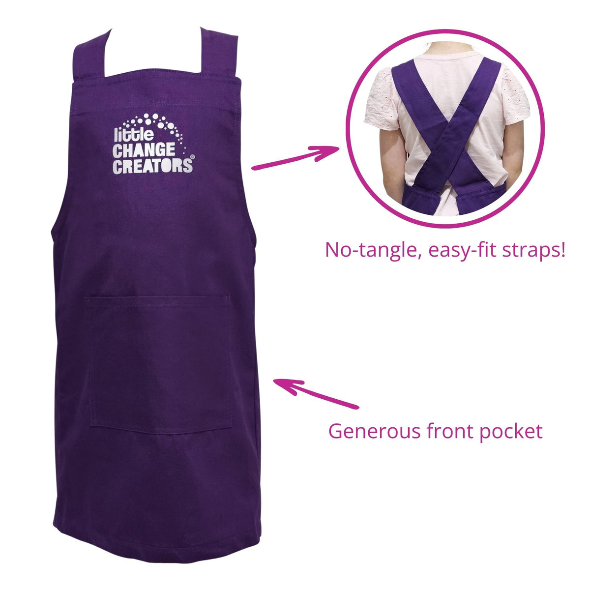 A child&#39;s purple apron with no loose ties for easy fitting.  The front of the apron has a Little Change Creators logo.