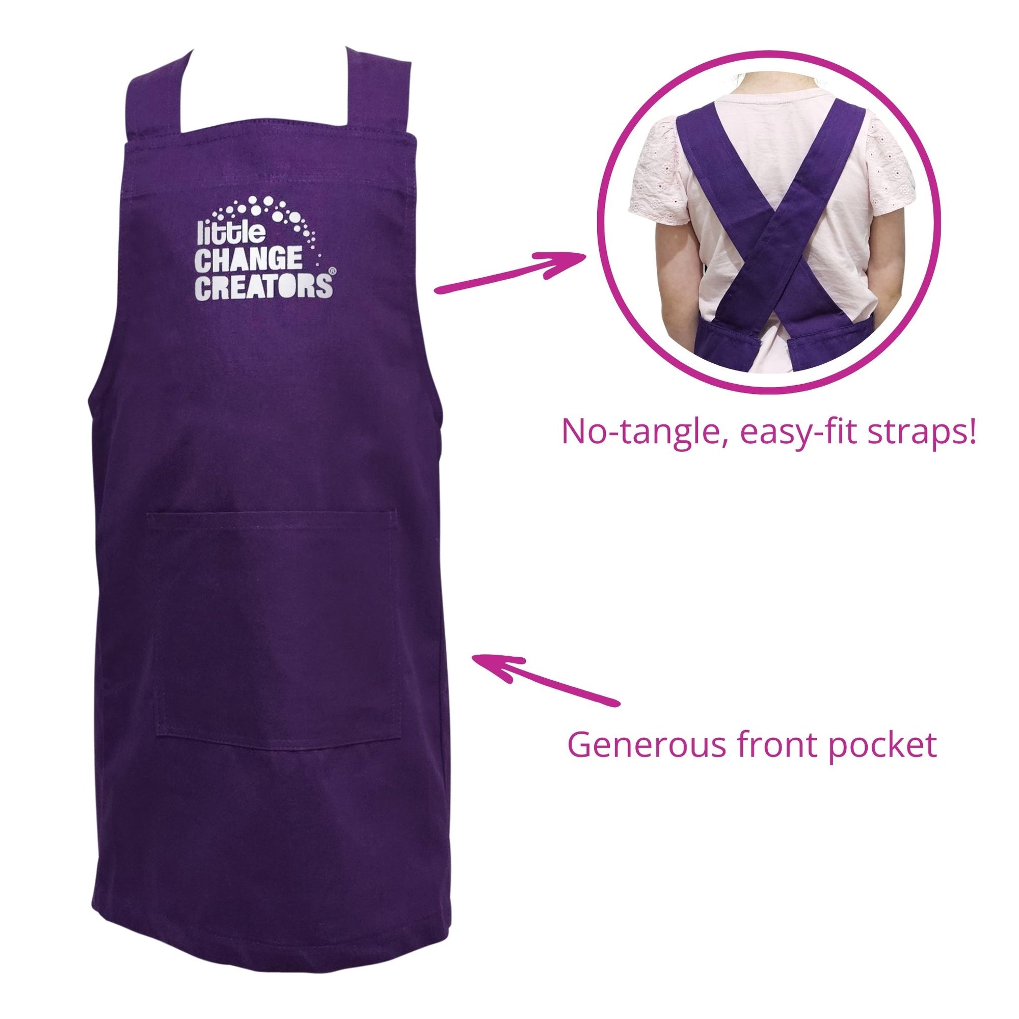 A child's purple apron with no loose ties for easy fitting.  The front of the apron has a Little Change Creators logo.