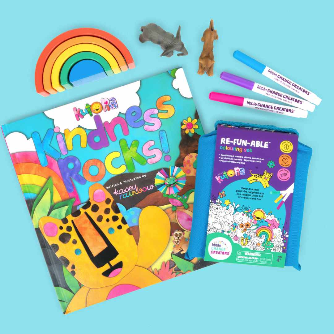 Kutopia Re-FUN-able Colouring Set with a book titled 'Kindness Rocks!' by Kasey Rainbow on a blue background.