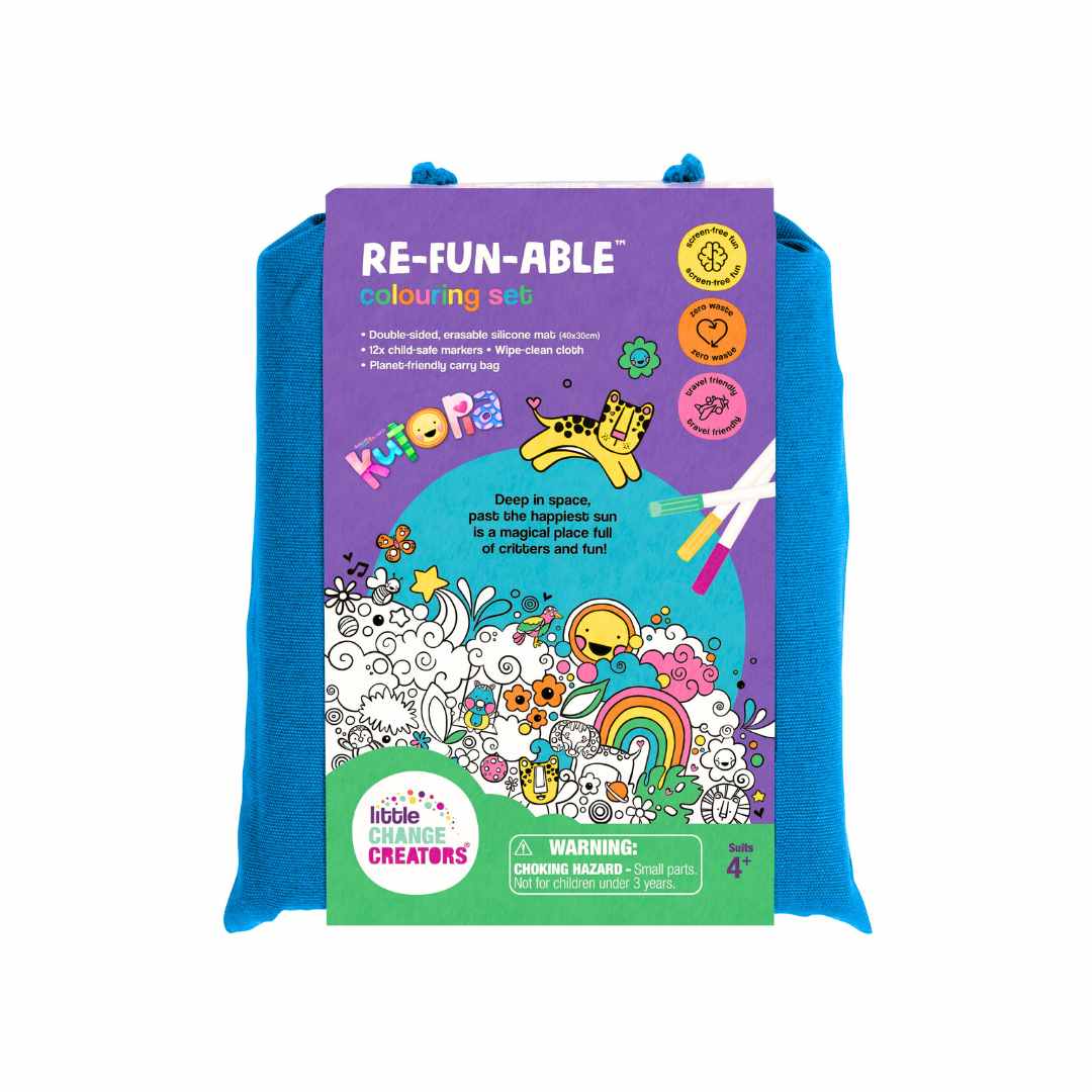 Re-FUN-able colouring set packaging with colourful illustrations on a white background.