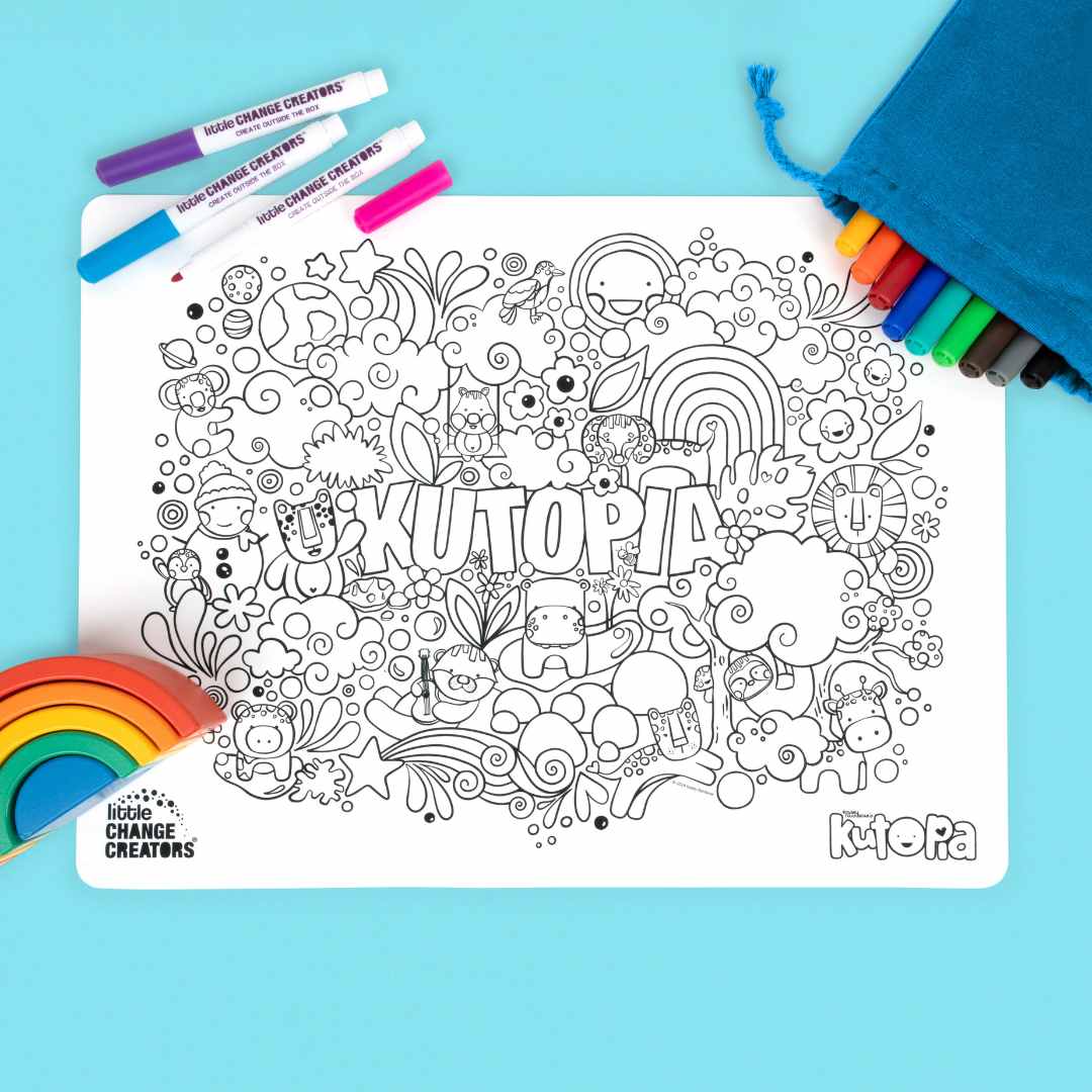 Silicone colouring sheet with 'Kutopia' design on a blue background with marker pens.
