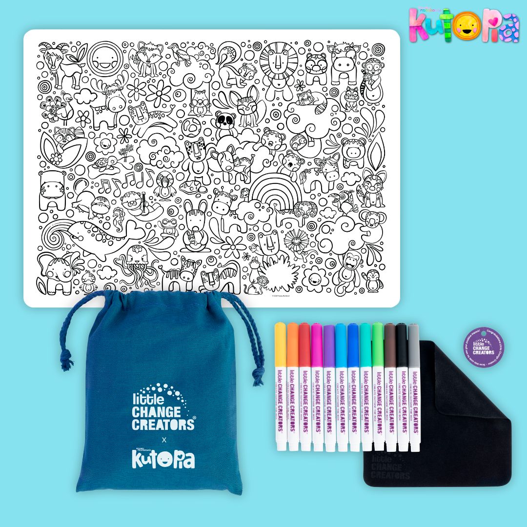 A Kutopia colour-in activity illustrated by Kasey Rainbow.  The black and white line art includes cute animals such as koalas, monkeys, zebras and whales.