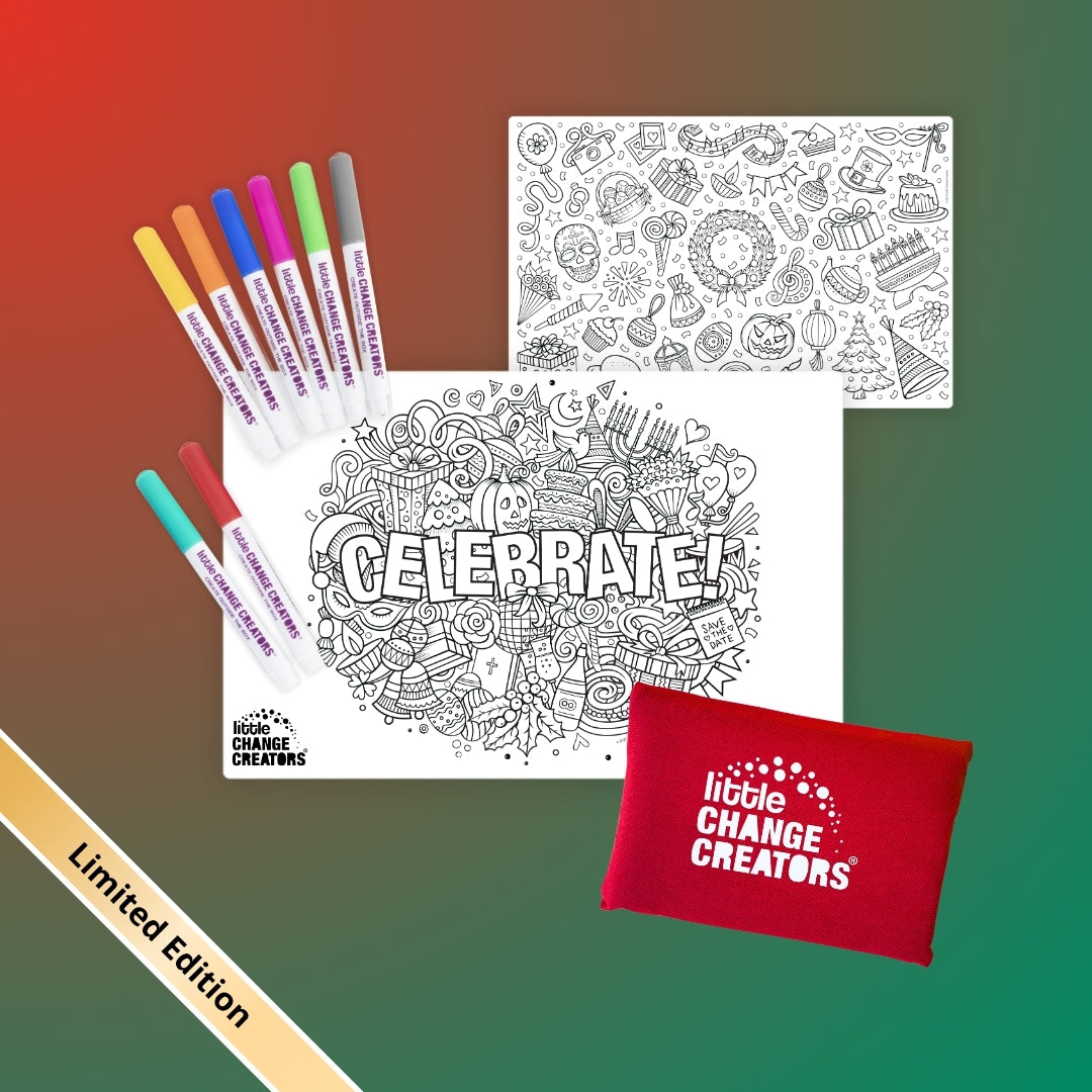 Christmas-themed Silicone Colouring Mat with 8 Markers and red fabric pouch.
