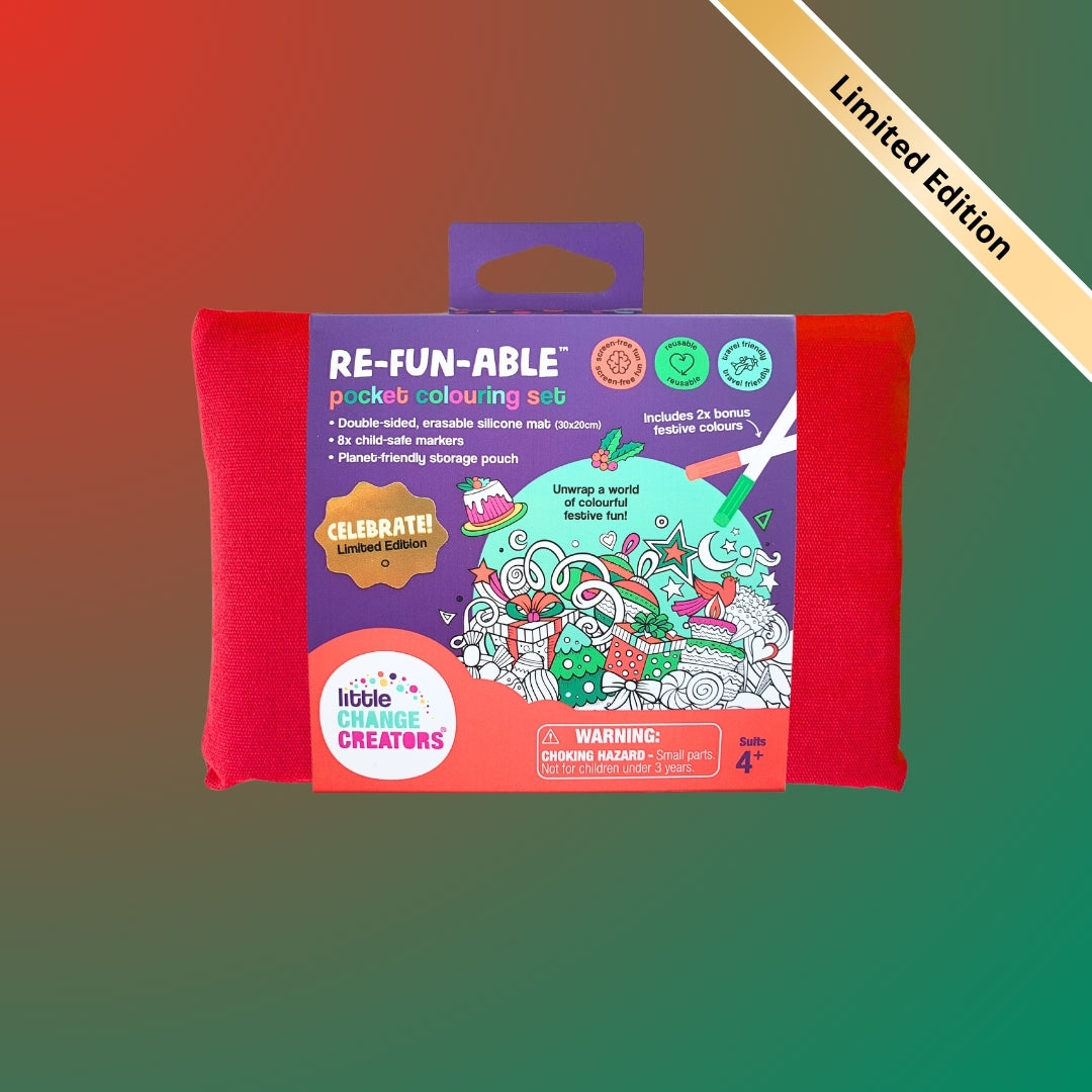 Christmas-themed Silicone Colouring Mat with 8 Markers and red fabric pouch.
