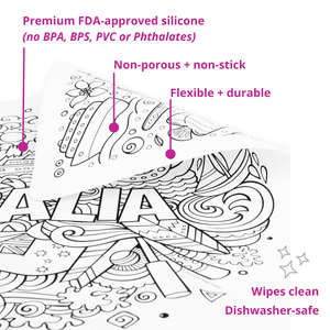Image showing double sided nature of reusable colouring mats with description of benefits