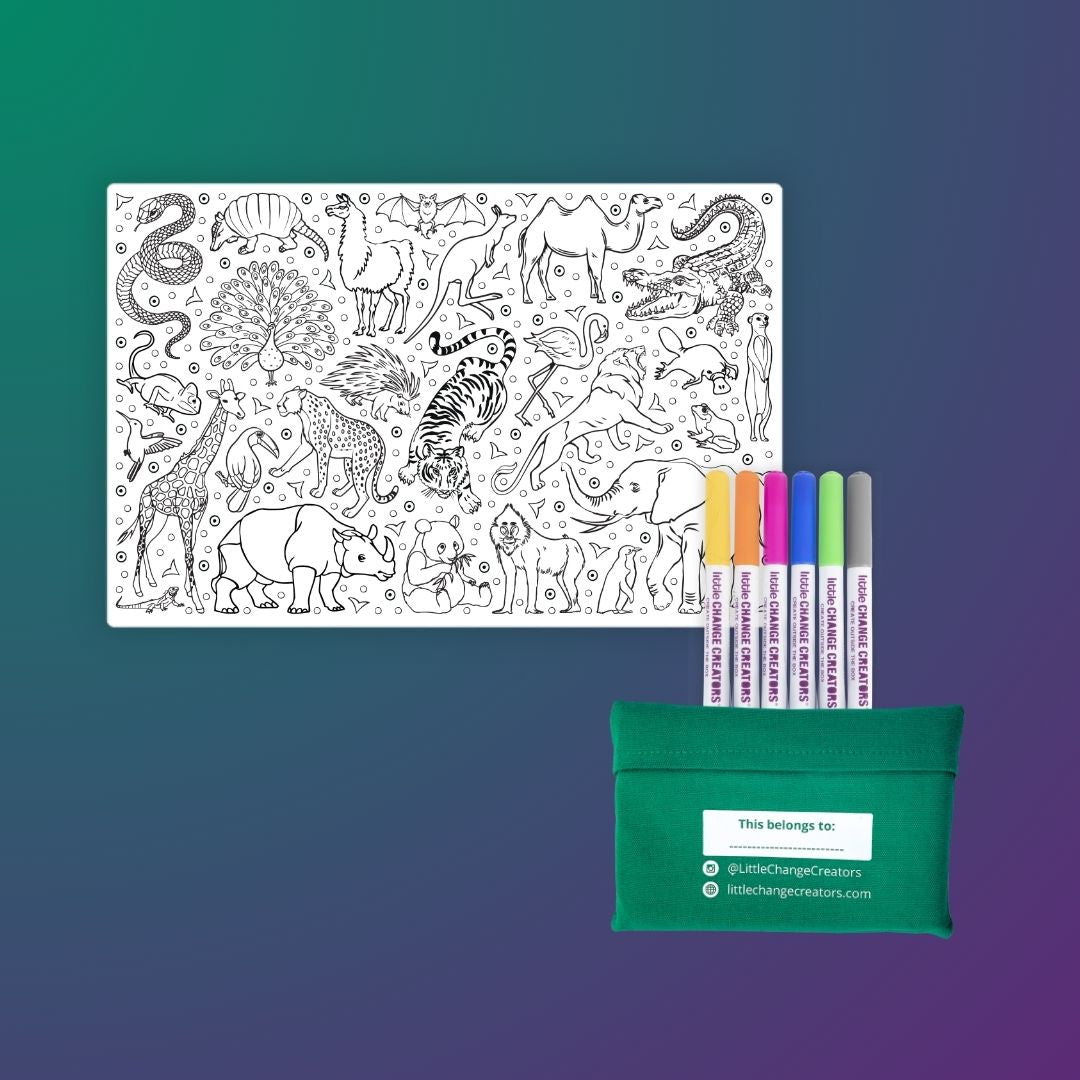 Little Change Creators Wild! Animal-themed washable coloring mat with 6 coloured markers and travel case.