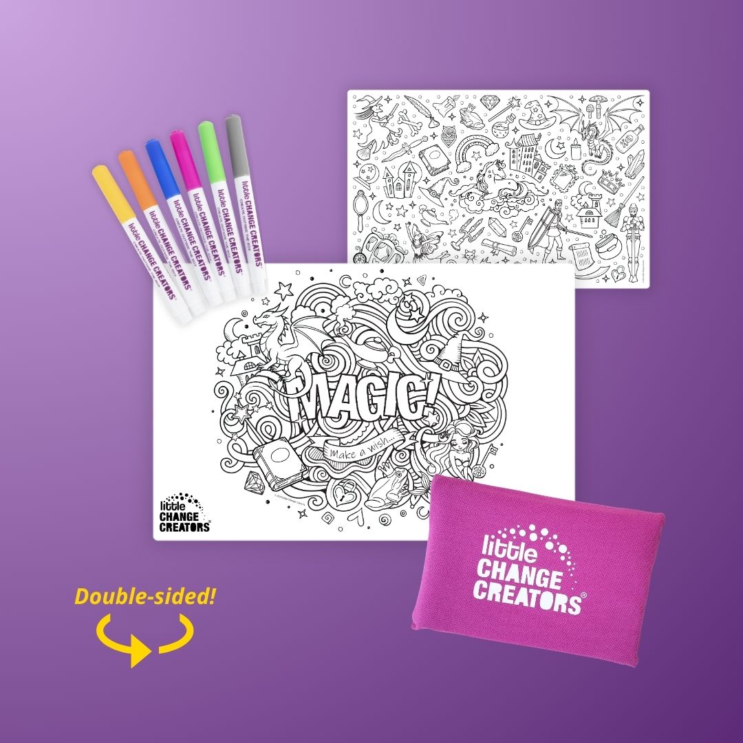 Little Change Creators Double-sided Reusable Colouring Mat with Unicorns, Rainbows, Dragons and Fairies.