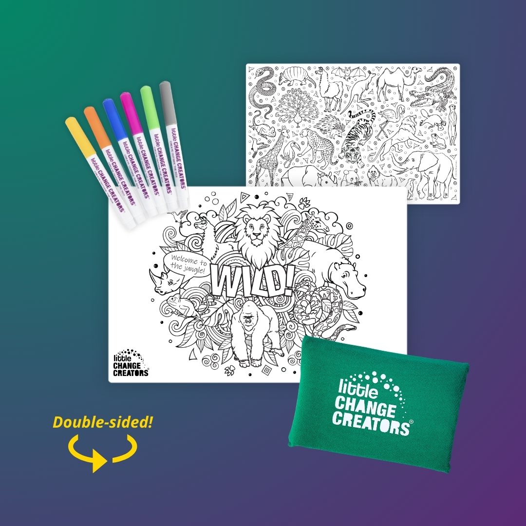 Little Change Creators Animal-themed Colouring Set with double-sided silicone drawing mat featuring wildlife. 
 Comes with 6 markers and travel case.