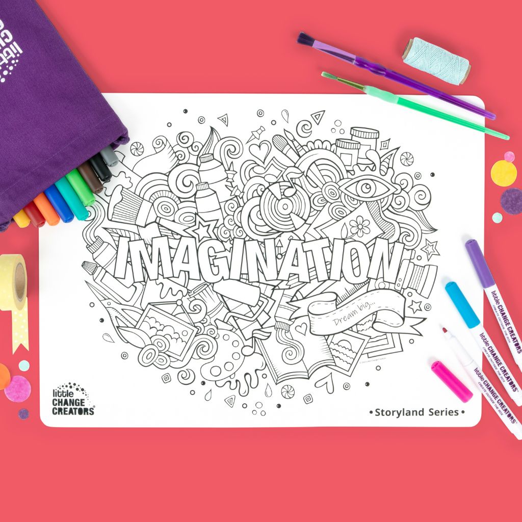 Front of Imagination reusable colour and draw mat showing bag, markers and paint brushes