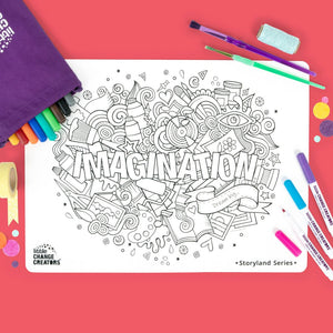 Front of Imagination reusable colour and draw mat showing bag, markers and paint brushes