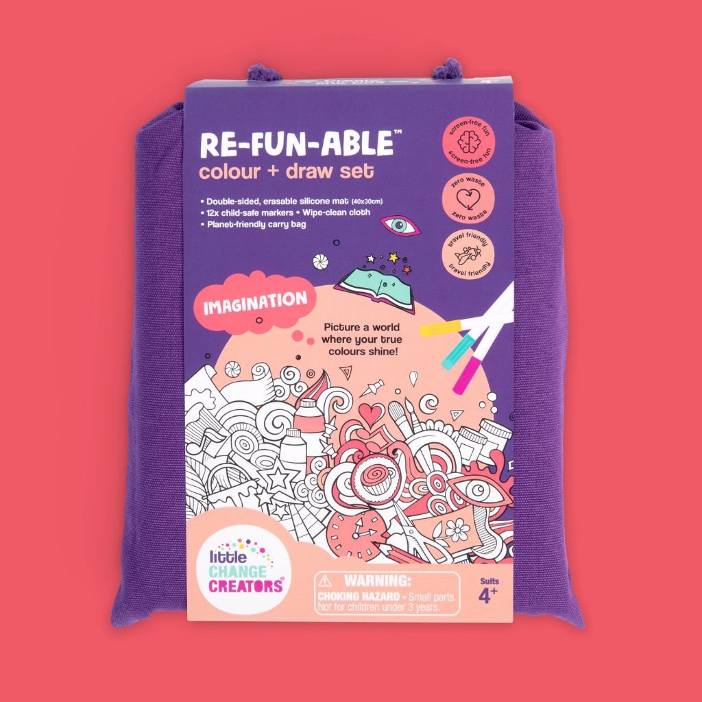 Imagination reusable colour and draw mat showing front and rear double sided images, bag, markers, cloth and token