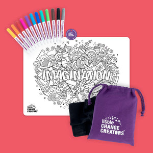 Imagination reusable colour and draw mat showing front image, bag, markers, cloth and token