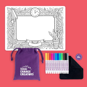 Imagination reusable colour and draw mat showing rear image, bag, markers, cloth and token