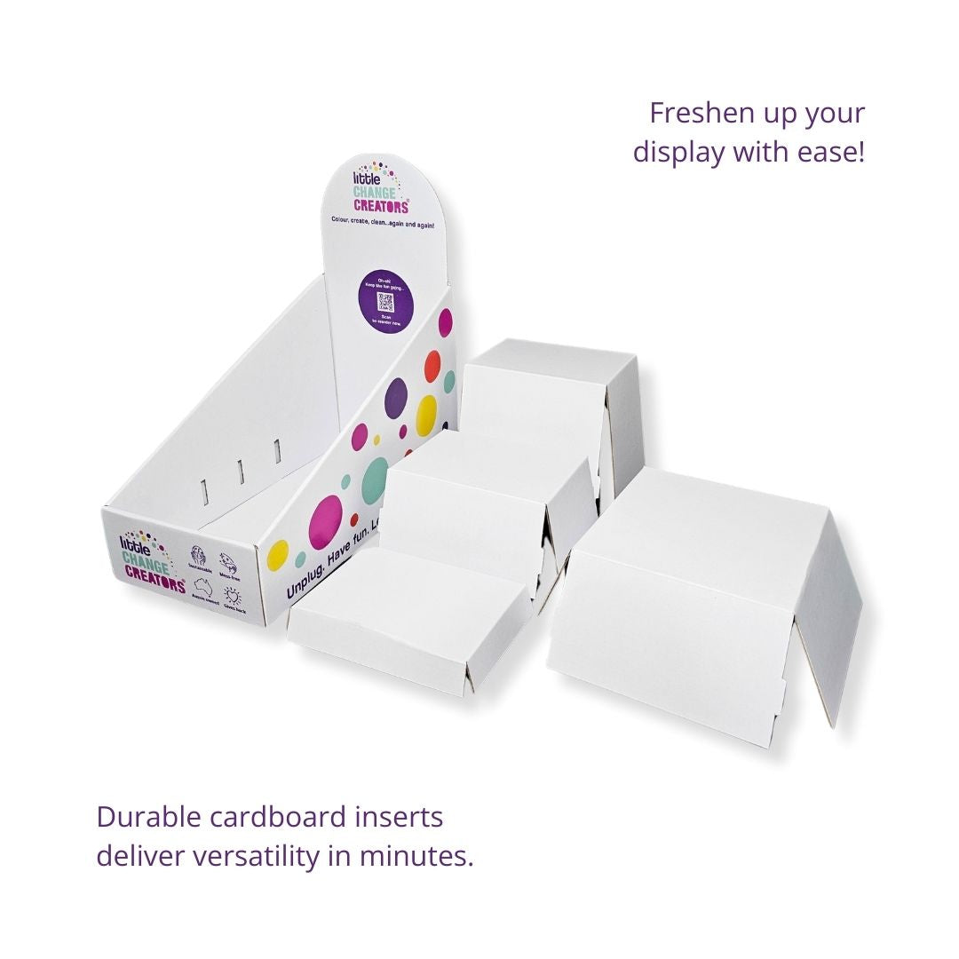 Little Change Creators Multi-Fit Countertop Display Unit for displaying Re-FUN-able Colouring Sets.  This image shows the versatility of the unit with 4 different merchandising examples.