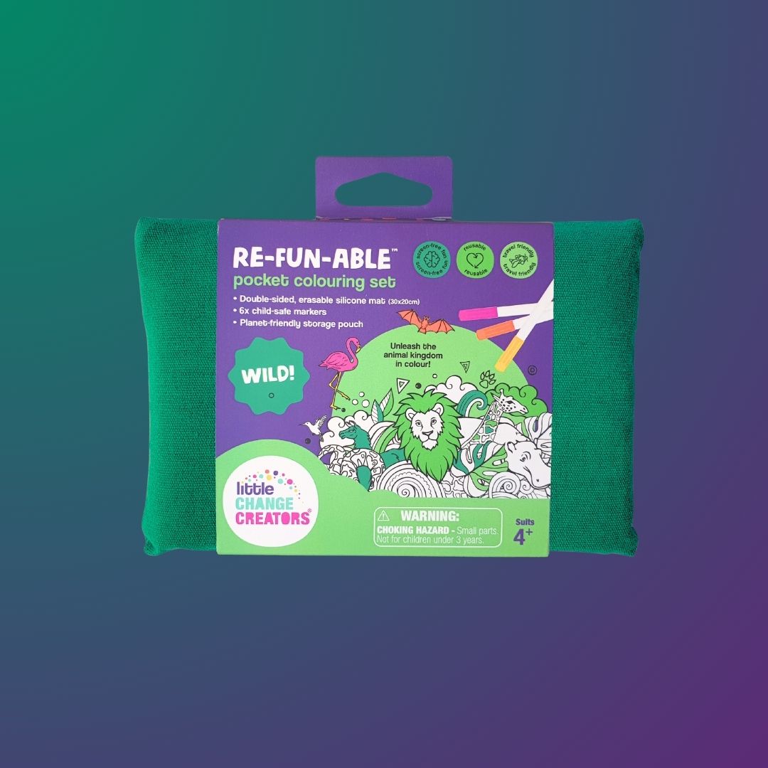 Little Change Creators Wild! Pocket Colouring Set with double-sided silicone coloring mat, markers and travel case.