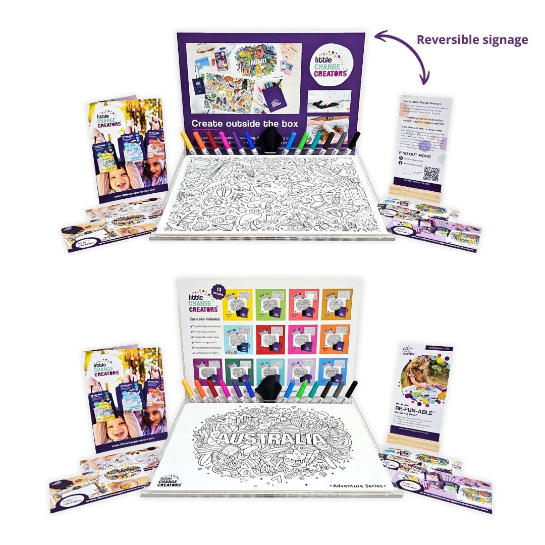 A retail display unit for Little Change Creators featuring an acrylic stand, silicone colouring mat, pen set and marketing materials.