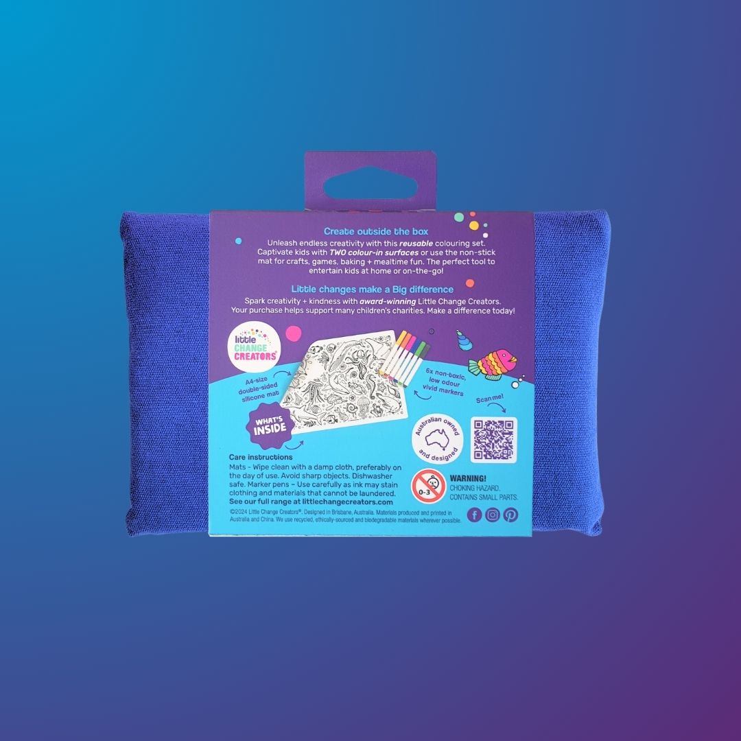 Little Change Creators Splash! Underwater-theme Travel Colouring Kit with wipeable silicone mat.