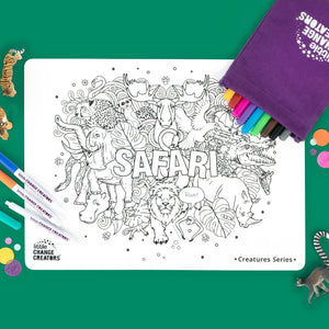 Front of Safari reusable colouring mat with bag, markers and toy animals