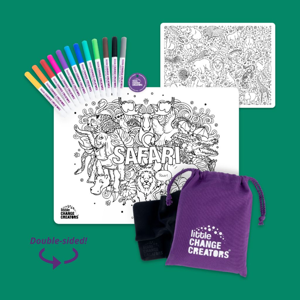 Safari reusable colouring mat showing front and rear double sided images, bag, markers, cloth and token