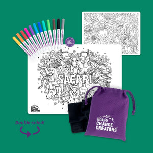 Safari reusable colouring mat showing front and rear double sided images, bag, markers, cloth and token