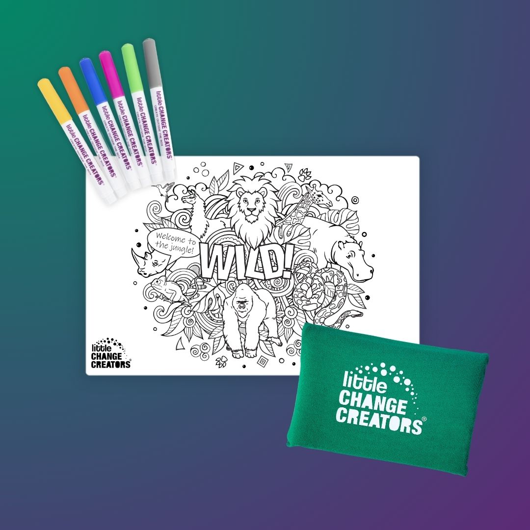 Little Change Creators Wild! wipeable coloring mat kit featuring animals such as lions, rhinos, hippos, llamas and gorillas.