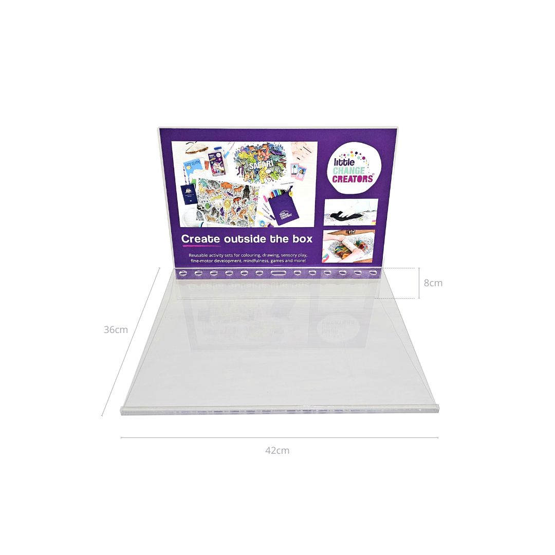 An acrylic display board for retailers stocking Little Change Creators colouring sets.