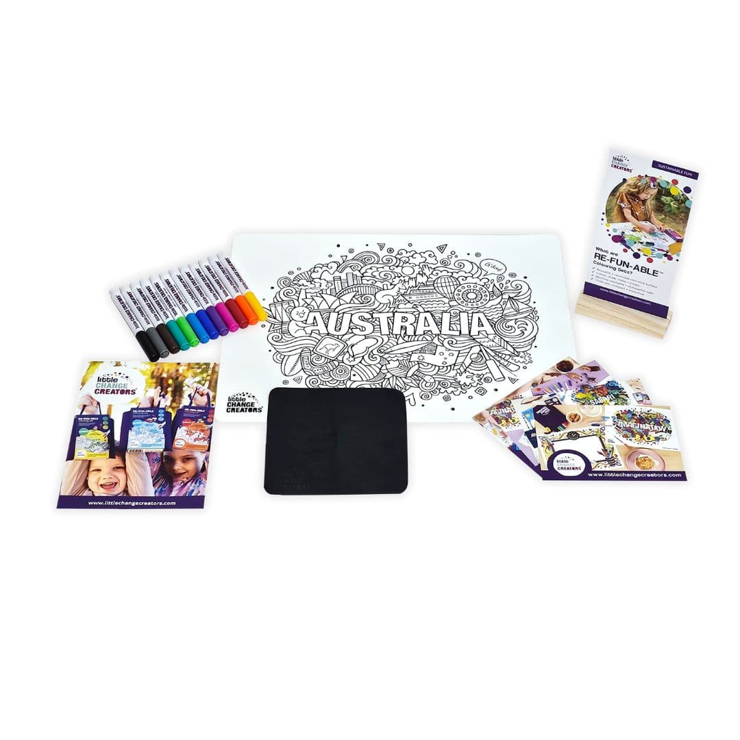 In-store retail display package featuring a reusable colouring mat and marker pens from Little Change Creators.
