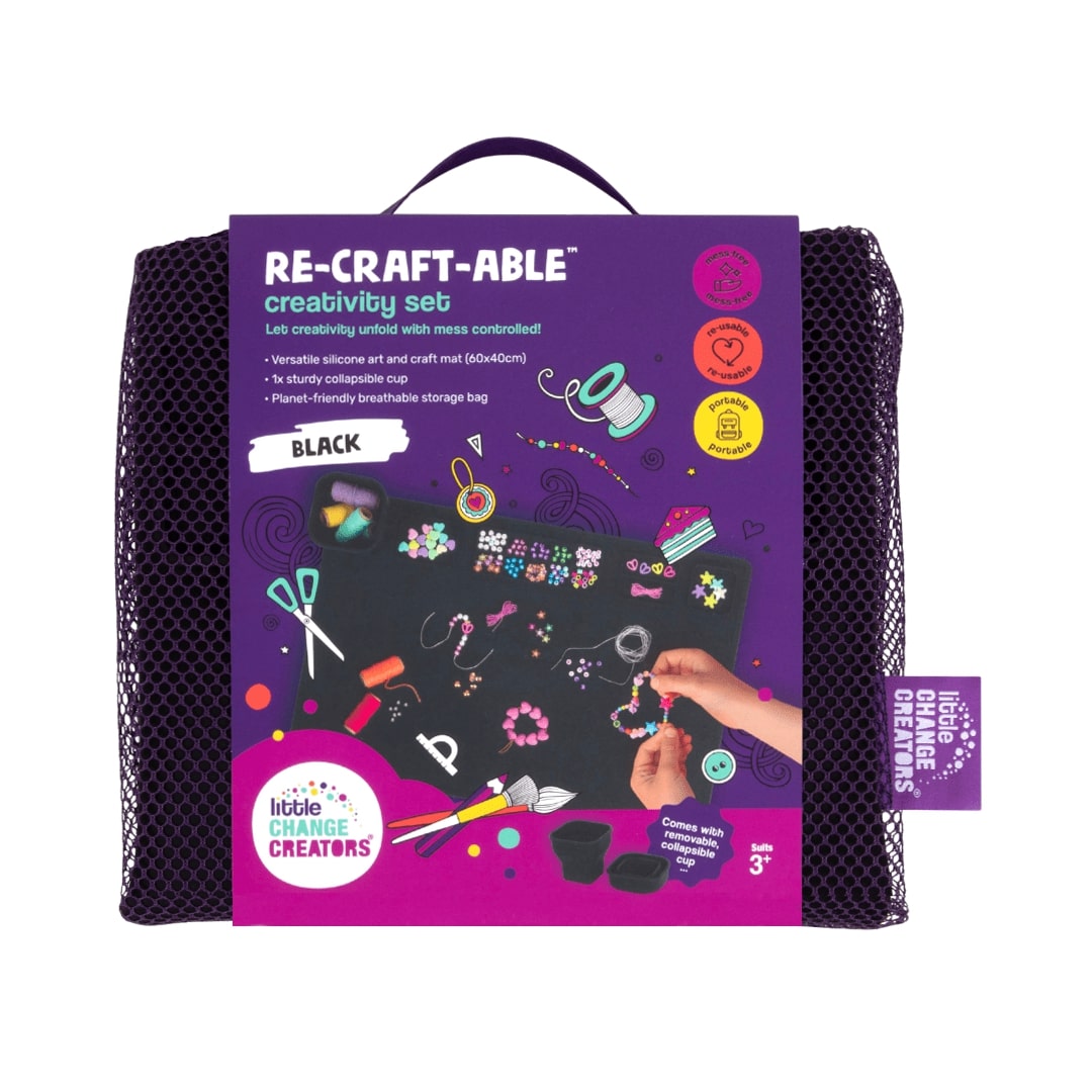 Re-CRAFT-able black washable art and craft mat in mesh carry bag.