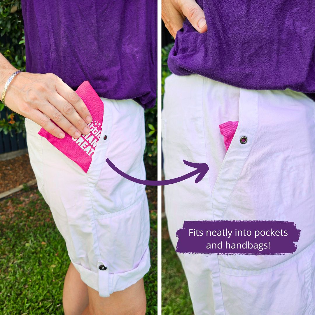 Image demonstrates a Little Change Creators Pocket Colouring Set fitting into a pocket on a pair of shorts.