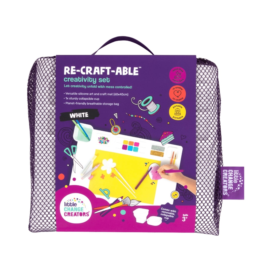 A Re-CRAFT-able Creativity Set featuring a mesh carry bag and colourful packaging with a carry handle.