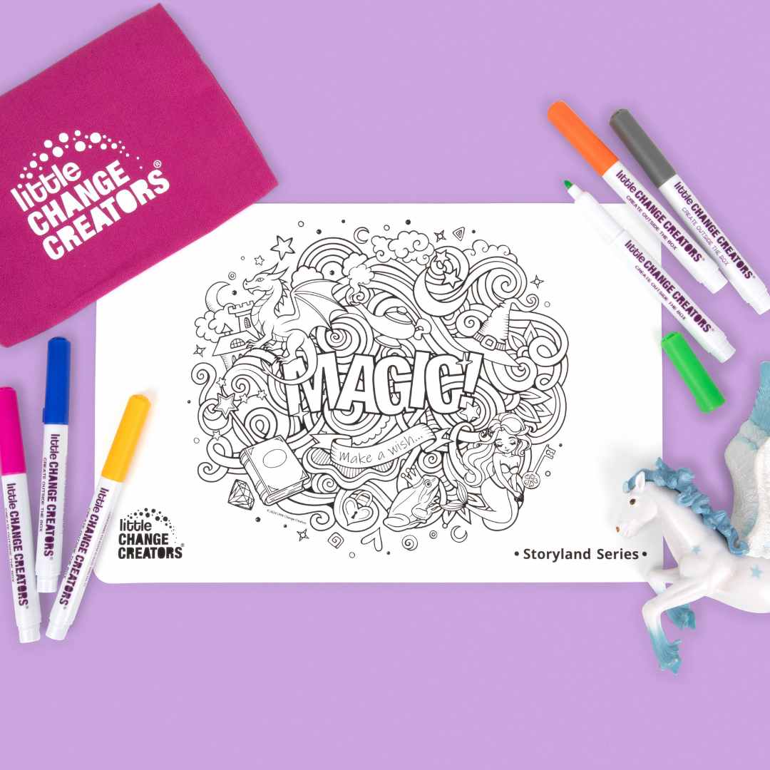 Silicone colouring mat with fantasy design featuring a dragon, mermaid and fairytale illustrations on a purple background, featuring &#39;Little Change Creators&#39; branding.