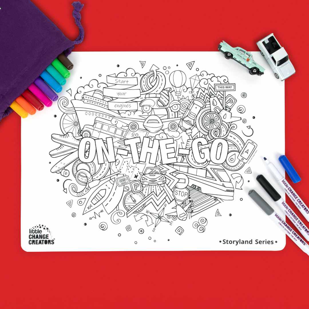 Transportation-themed colouring page with 'On-The-Go' text and doodles of vehicles on a red background with markers and a bag.