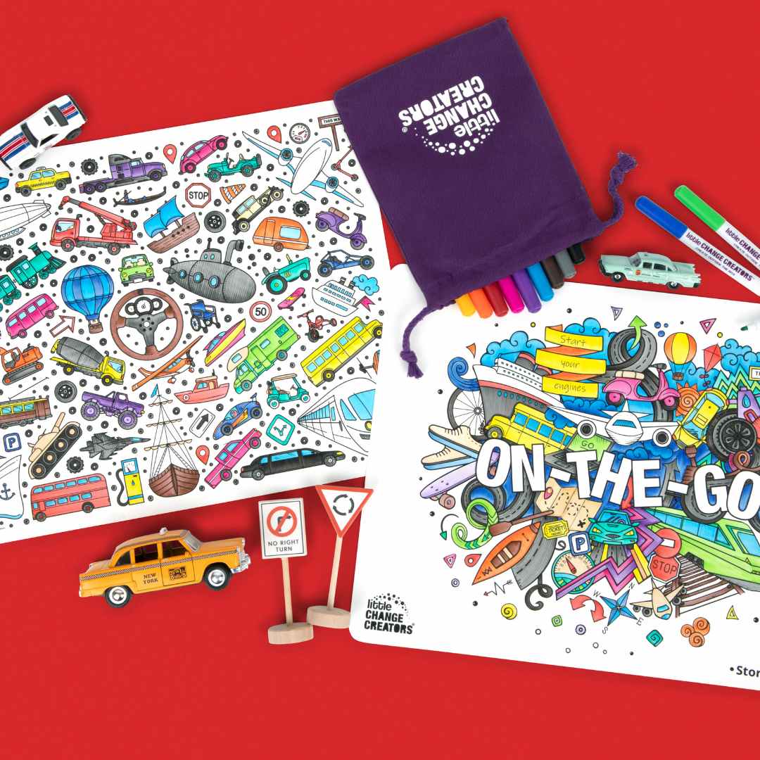 Transport Reusable Silicone Drawing and Colouring Mat with purple fabric bag and coloured markers.