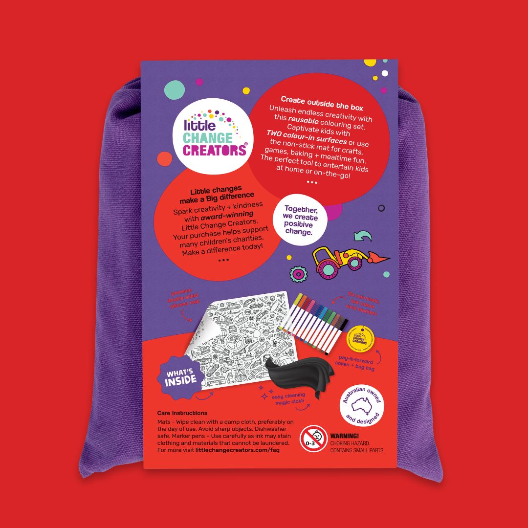 Packaging for the Little Change Creators 'On-The-Go' colouring set featuring vehicles and modes of transport.  The packaging is red and purple.