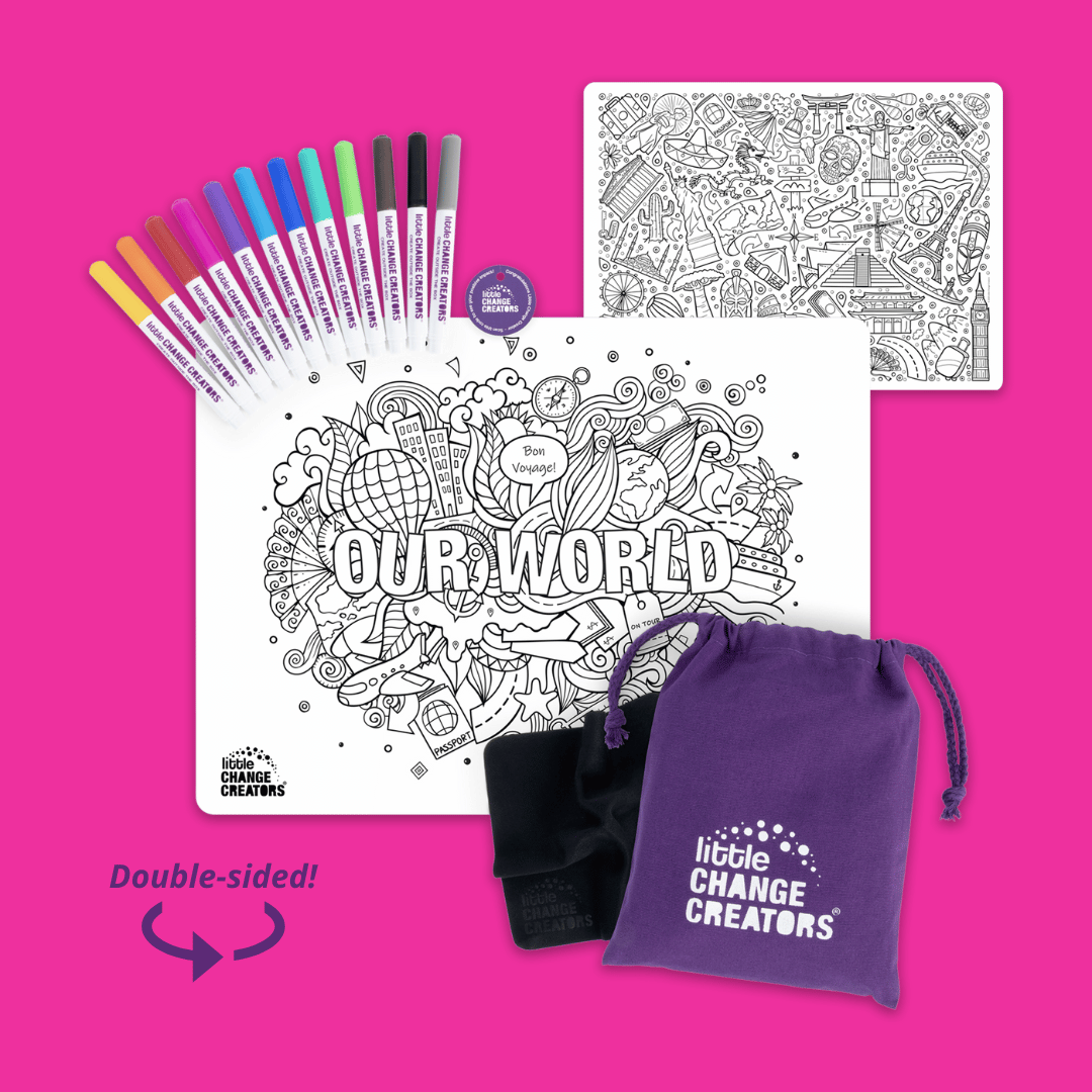 Our World reusable colouring mat showing front and rear double sided images, bag, markers, cloth and token