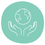 Green Icon with white hand-drawn hands cupping a planet to represent planet-friendly