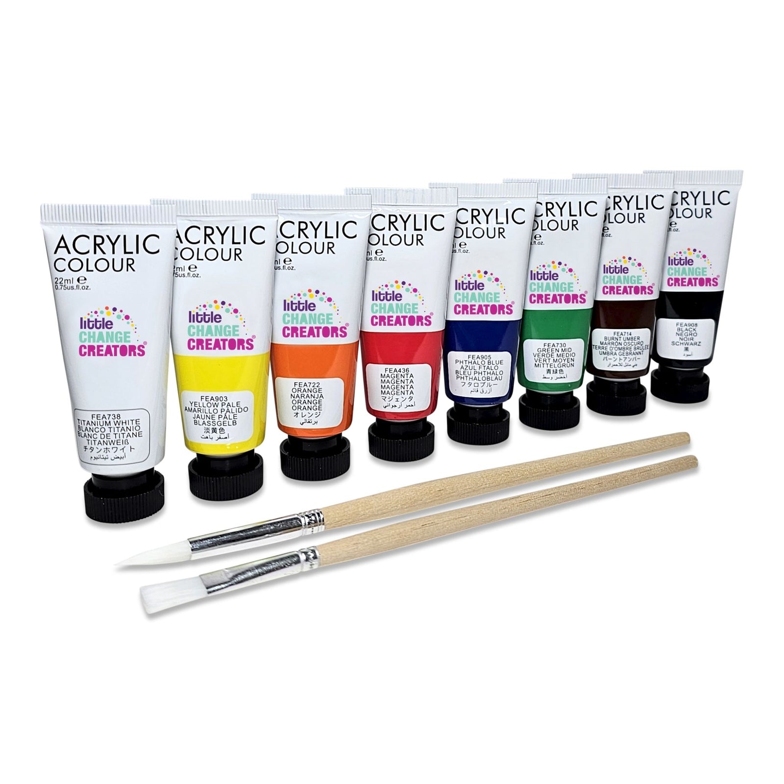 Beginner's Painting Set with 8 paint tubes, 2 brushes and a gift tube on a purple background.