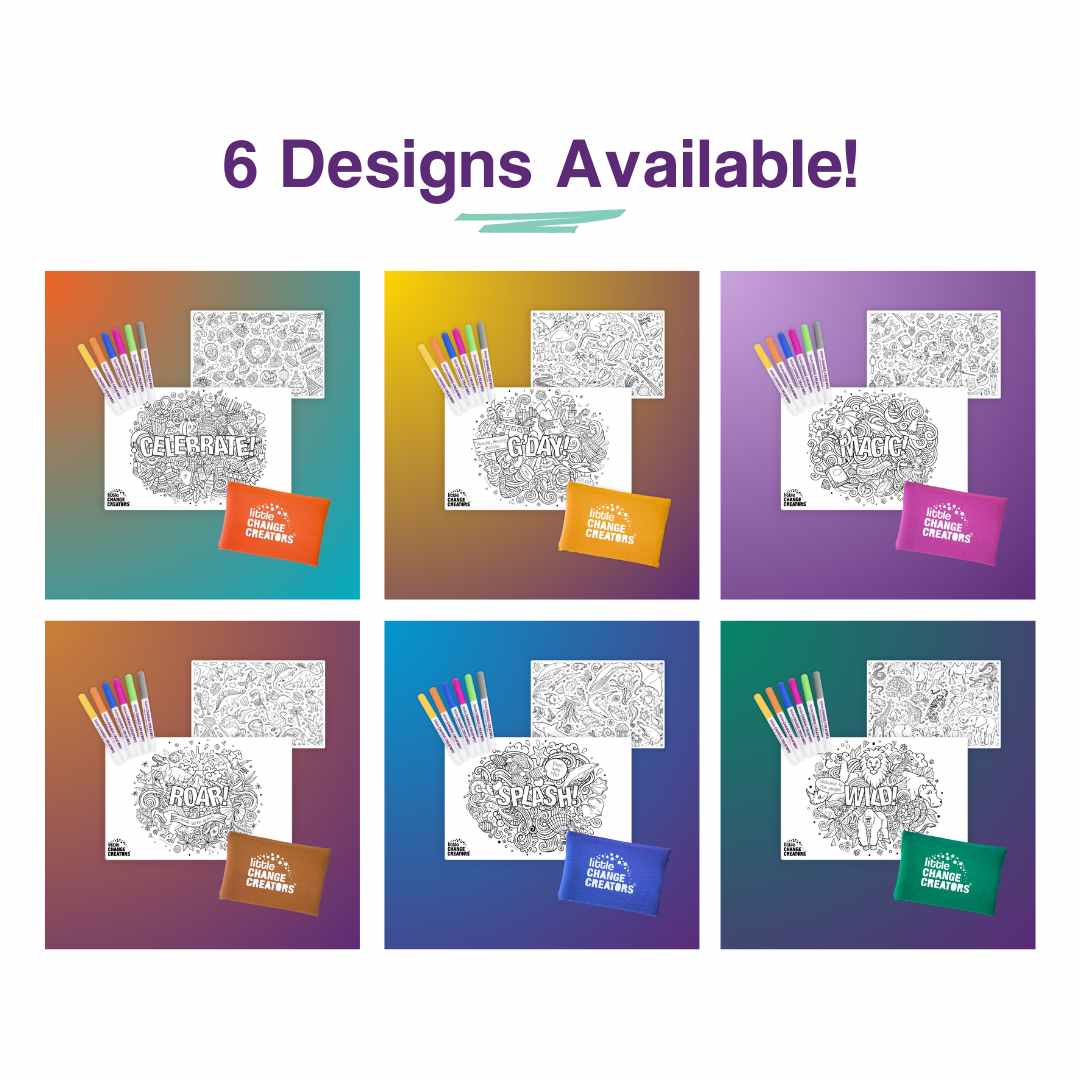 Party pack of mini reusable colouring mats on a purple background, featuring text about savings and value.