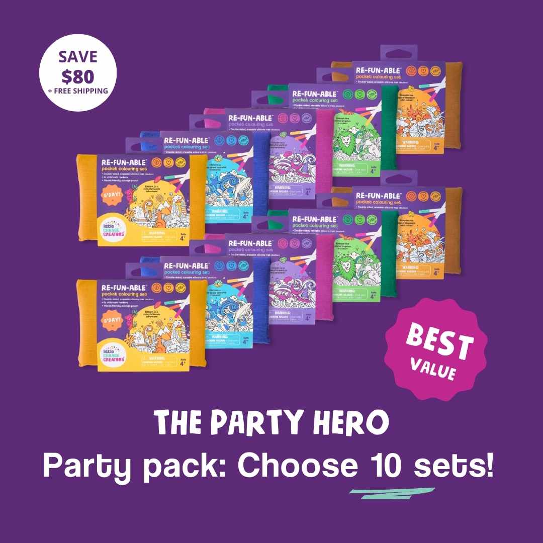Party pack of mini reusable colouring mats on a purple background, featuring text about savings and value.