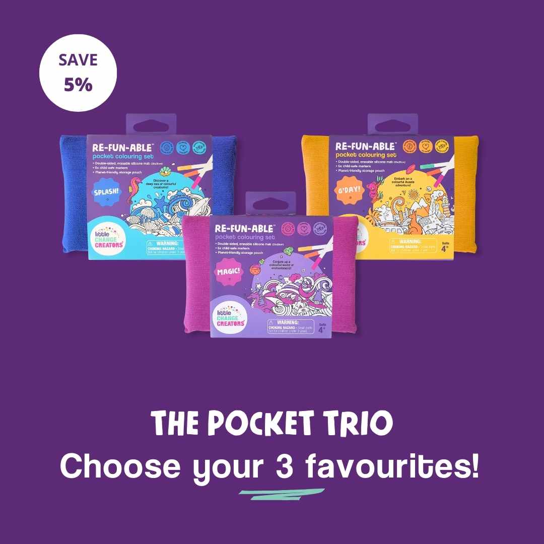 Three pocket-size mini colouring sets on a purple background with promotional text.