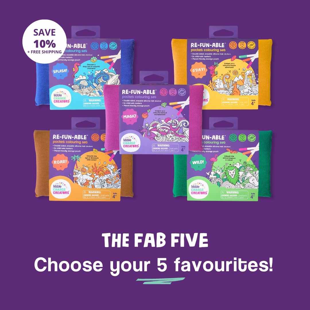 Five mini colouring sets on a purple background, featuring a promotional message.