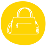 A yellow icon featuring a handbag doodle.  The icon infers portability.