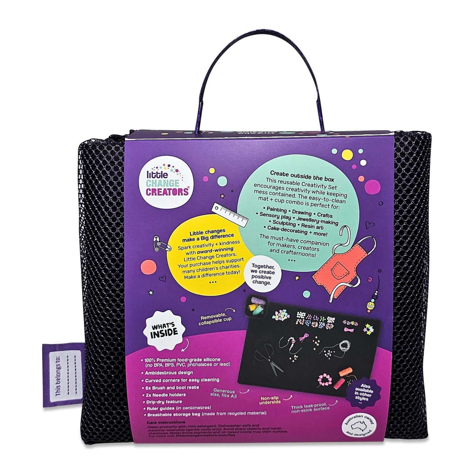 Little Change Creators black silicone craft mat in colourful packaging with a carry handle.