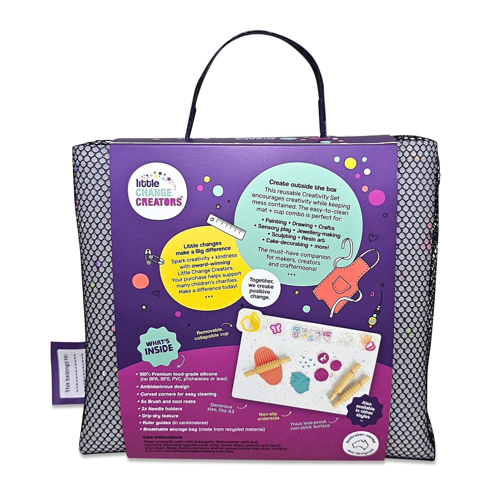 A large silicone play mat for sensory activities packaged in a colourful carry bag.