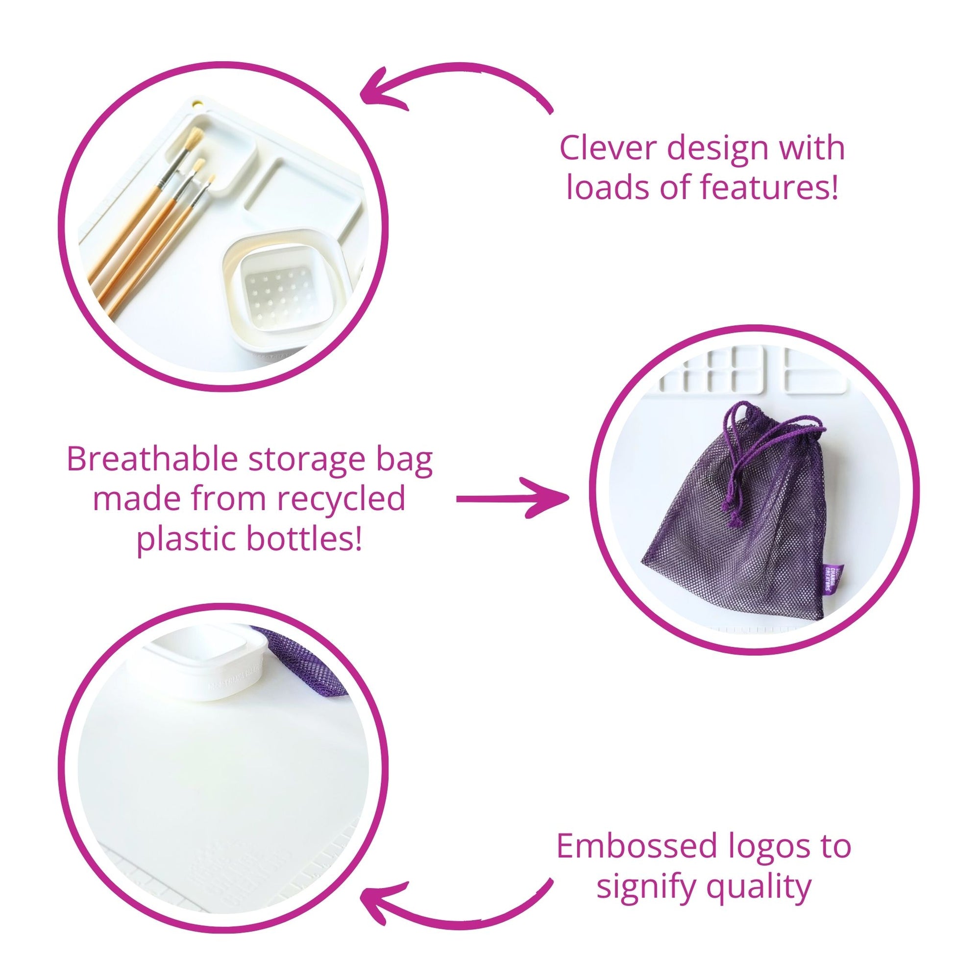 Graphic image of a white silicone craft mat with annotations explaining its clever and sustainable features.