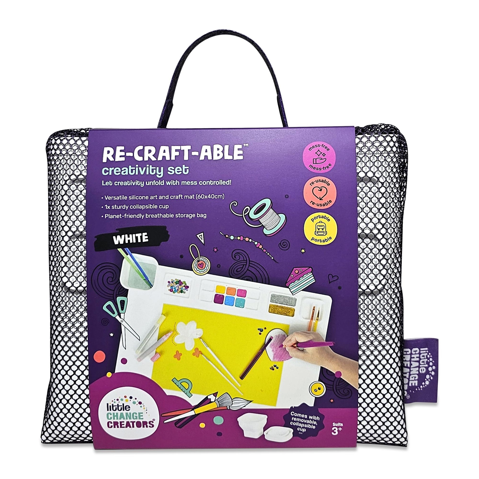 A Re-CRAFT-able Creativity Set featuring a mesh carry bag and colourful packaging with a carry handle.